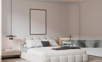 istockphoto-2245690464-1024x1024 Modern minimalist bedroom interior with blank frame poster mockup, perfect for artwork or design display.