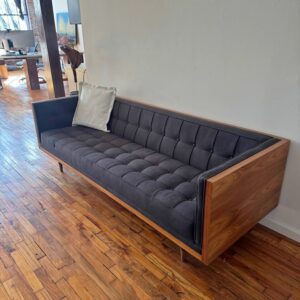 Mid Century Wood Wrapped Sofa- Dark Grey Tufted